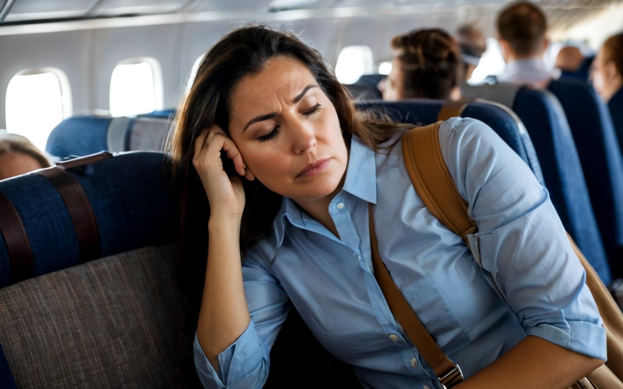 Person looking tired while traveling across time zones