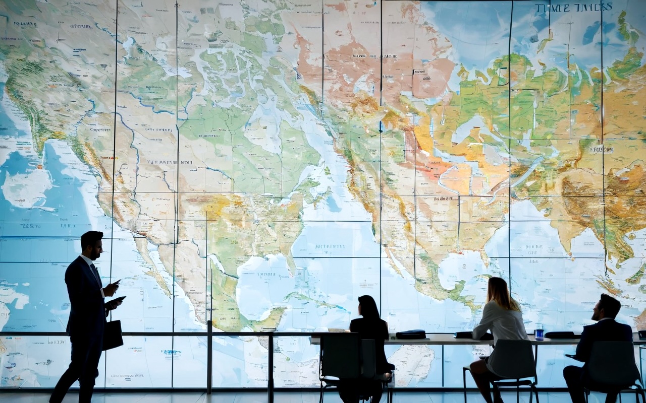 Digital calendar with international clock displays showing different time zones for global meeting planning